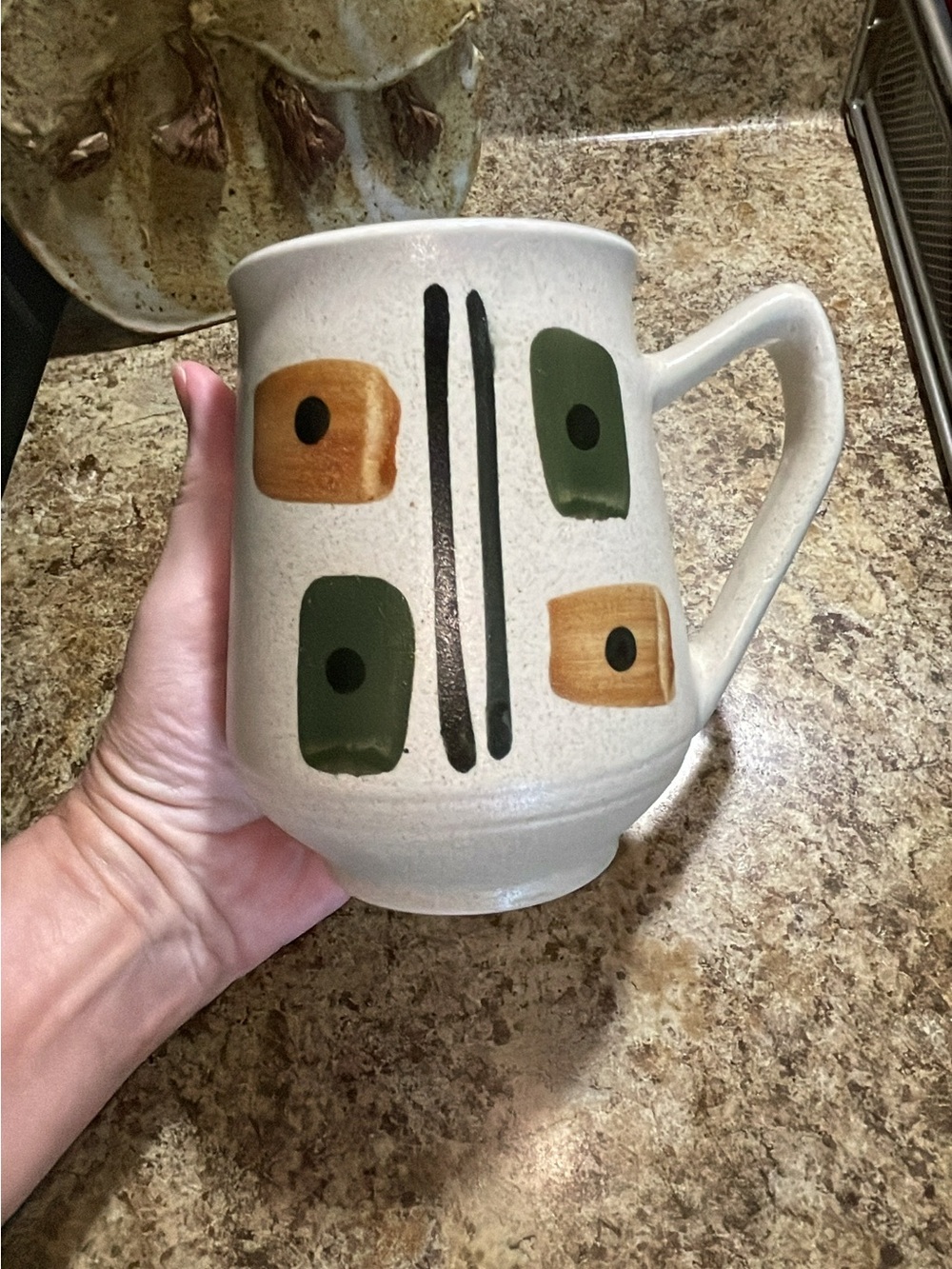 Handpainted Ceramic Mug with Green and Mustard Geometric Detail